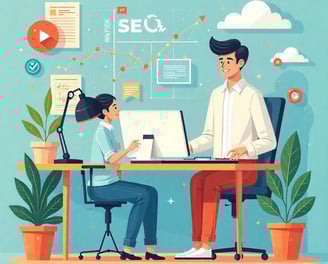 Un trabajador con una clienta explicándole el servicio de seo local