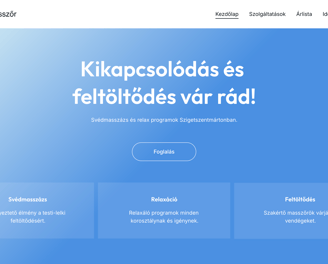 Masszázs weboldal nyitóképernyő – svédmasszázs, relaxáció és feltöltődés ajánlata kék háttérrel,