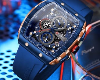 Relógio quadrado pulseira azul silicone cronógrafo 