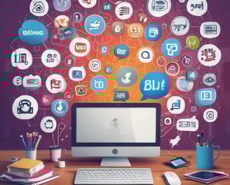 A workspace featuring a whiteboard with a social media content schedule, organized by day and platform, using sticky notes in varying colors. A wooden table holds an open laptop displaying a social media management application, alongside pens and small circular items.