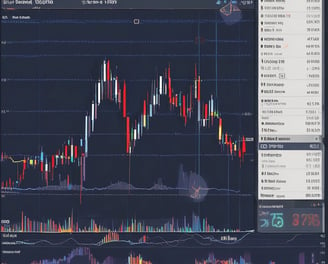 A digital financial chart with green and red zigzag lines on a dark background, representing market trends. Below the main graph, there are smaller charts featuring bar indicators in red and blue, along with a yellow line graph.