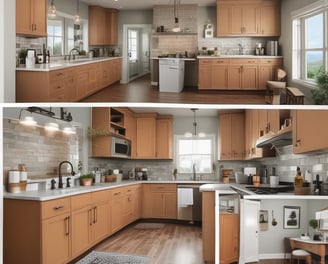 Combine in an image a bathroom and a kitchen like a collage