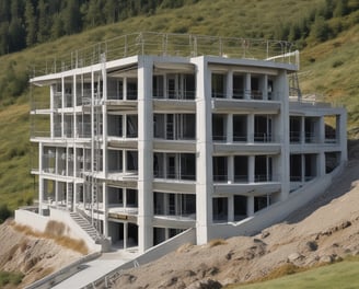 Workers in protective gear are seen on a construction site characterized by metal beams, scaffolding, and wooden supports. They appear to be engaged in construction tasks on a large infrastructure project, possibly a bridge or a similar structure.