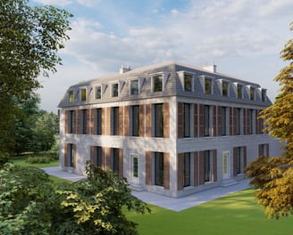 Rendu 3D d’un château en cours de restauration, mettant en valeur les volumes et les éléments patrimoniaux.