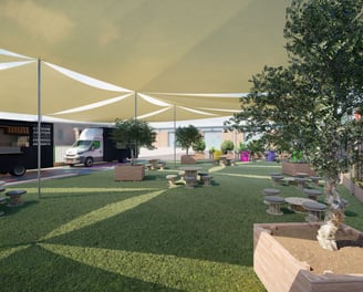 Projet 3D d’un espace public structuré autour de food trucks, zones de convivialité et mobilier urbain.