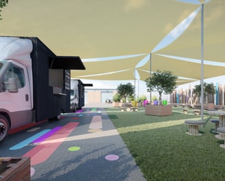 Projet 3D d’un espace public structuré autour de food trucks, zones de convivialité et mobilier urbain.