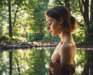 a woman in a bathing suit standing in a pond