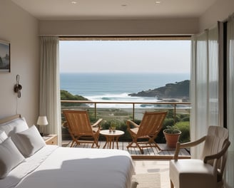 A dimly lit hotel lobby features a red neon sign spelling 'HOTEL' near a window. The wallpaper has a dark, intricate pattern, and there is a brown leather couch with turquoise throw pillows. Through the windows, bicycles and urban streetlights are visible outside. The lighting creates a warm and inviting atmosphere.