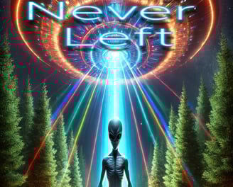 a man standing in front of a poster for the book aliens aliens never land
