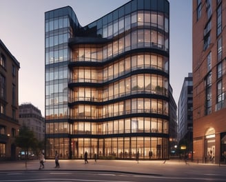 A large, elegant building with a prominent logo, featuring modern architecture and a rooftop proudly displaying a national flag.