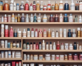 A well-lit interior of a cosmetics store featuring a wooden display table with vibrant blue and turquoise boxed skincare products. There are promotional signs showcasing skincare items, decorative large glass jars, and an arrangement of white artificial blossoms, creating a luxurious atmosphere. Shelves in the background are filled with various beauty products.
