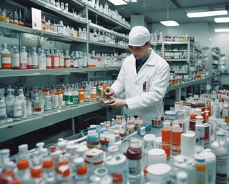 A clean and well-organized pharmacy interior with bright lighting. The central counter is labeled for prescriptions and is surrounded by shelves stocked with various pharmaceutical products. The predominant color scheme involves green and white, reflecting the pharmacy's branding. The aisles are spacious and neatly arranged with products.