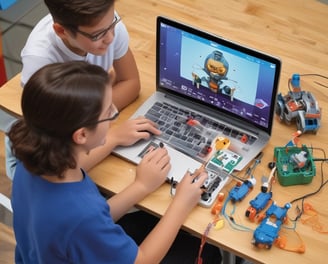 A humanoid robot with a white head and realistic design is seated on a wooden bench indoors. The robot appears to be engaging with a tablet device. Behind the bench, a large window provides a view of a grassy outdoor area with what looks like an art installation or seating arrangement.