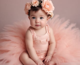 a cute baby girl dressed in a peach fluffy tutu with a flower headband