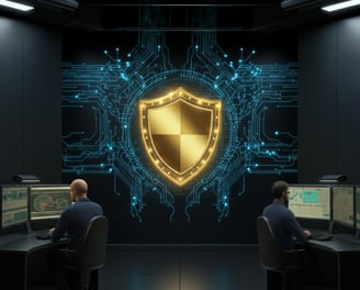 Verve Phoenix secure operations center with a glowing shield symbolizing cybersecurity.