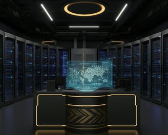 Verve Phoenix optimizing a futuristic data center with holographic control systems.