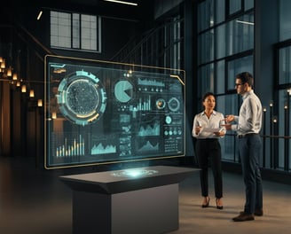 Verve Phoenix team discussing IT roadmaps with holographic displays in a modern office.