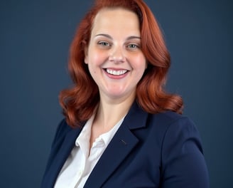 A smiling red haired white woman in a blue blazer