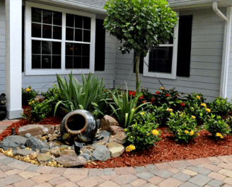 a garden with a fountain and a bench in front of a house