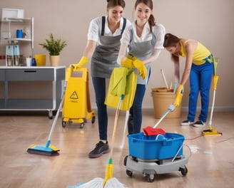 two women cleaning a floor with a mop