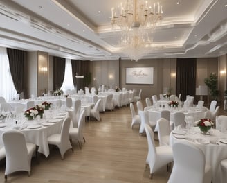 a large room with tables and chairs and a chandelier