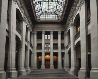 A line of law enforcement officers wearing protective gear and holding transparent shields marked with various titles such as 'Police,' 'Sheriff,' and 'State Patrol.' They are positioned in front of a grand building with detailed architecture, suggesting a tense or prepared atmosphere, possibly related to crowd control or a protest.