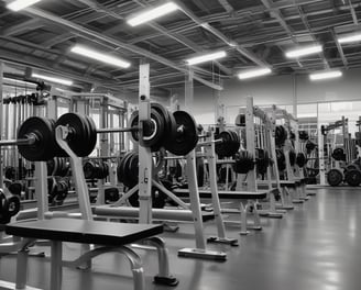 A well-equipped gym with various weightlifting equipment including benches, barbells, dumbbells, and weight racks. There are mirrors on the walls and rubber flooring. The lighting is bright yet soft, and the gym appears clean and organized.