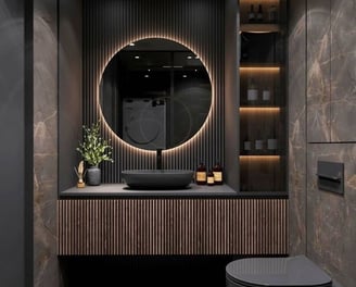 Modern luxury bathroom with dark tones, wood accents, and ambient lighting.