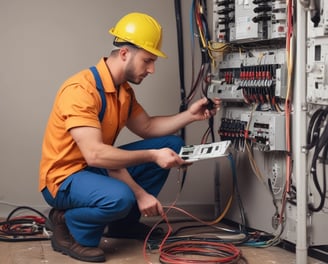 A person wearing a hard hat and a red and gray jacket with reflective stripes is working on an open electrical cabinet filled with various components and wires. The environment appears to be industrial with fluorescent lighting.