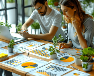 Deux stratèges de CCA Studio collaborant sur l'optimisation de marque avec des graphiques & données