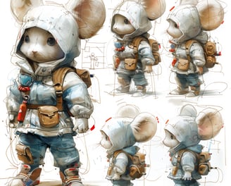 Esquisses d'une mascotte d'explorateur spatial en différentes poses pour le storyboard de création