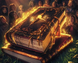 a book with a bookmark on it and a group of people standing around it