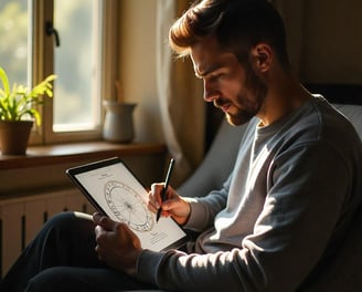 a person learning astrology online with a pen in hand