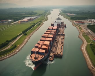 A large cargo ship loaded with multiple rows of orange containers navigates through a body of water. In the foreground, smaller boats are docked in a marina, and seagulls are flying above. The weather appears overcast, with clouds covering the sky and mountains in the background.