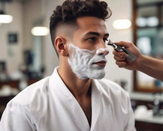 A barbershop with a modern aesthetic featuring a row of barber chairs under linear overhead lighting. A barber is seen styling a customer's hair. Shelves in the background are stocked with grooming products, and a stack of Budweiser boxes is visible on the floor.