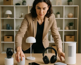 a woman in a suit and headphones is holding a smart device