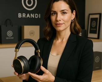 a woman in a black blazer jacket and headphones