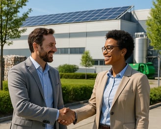 a man and woman shaking hands in front of a building