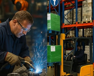 a man in a factory with a welding torch