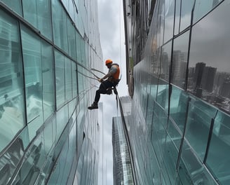 A person cleaning the floor with a mop in a shopping mall near an escalator. The surroundings include a sign for 'General Waste' and advertisements for various shops.