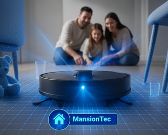 Robot aspirador mapeando habitación con LiDAR, detectando obstáculos y personas, ejemplo domótica