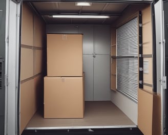 A large moving truck is parked on a residential street in front of a house with beige siding and white garage door. The truck is branded with 'Los Angeles Transfer And Storage,' featuring contact information and graphics of a city skyline. The sky is overcast, and the street is empty.
