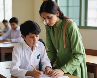 A man and a young girl engage in a focused discussion or study session. The girl, wearing a dark hijab, looks attentive as the man explains something to her. They are sitting at a wooden table, and the background shows another person in a light hat reading and some trophies displayed.