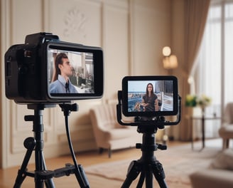 Two men are engaged in a video production setting. One man operates a professional camera and monitors the footage on a screen, while the other appears to be holding a smartphone, possibly assisting or recording as well. The background features photography equipment, including a large softbox light and a tripod.