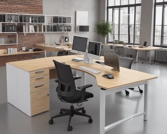 A modern office space featuring a clear, sleek acrylic chair with a chrome frame, positioned near a white table. On the opposite side, a cabinet with a vase containing a plant and a few decorative items is visible. The background includes built-in cabinets with a minimalist design.