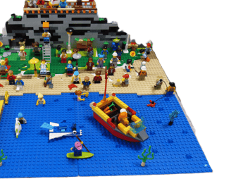 Construcción de una playa con todos los personajes que están en ella, al fondo construcción rocosa  