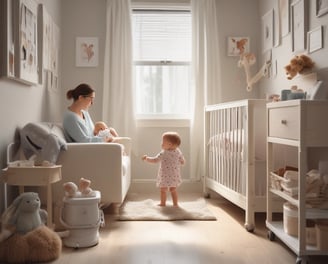 A baby lies on a white quilt surrounded by various baby care products, such as lotions, baby oil, and diapers. The baby is wearing a white diaper with colorful hair ties scattered around. Bright packaging and diverse product shapes create an organized composition.