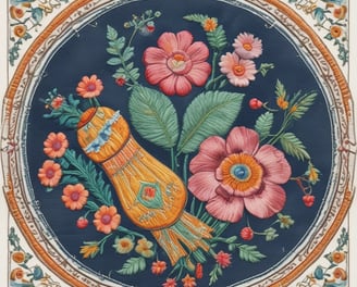 A detailed close-up of a colorful embroidered pattern featuring geometric shapes. The design includes vibrant reds, blues, and soft pinks, outlined with black stitching on a light fabric background. The texture of the embroidery is prominently visible, showing fine details of the individual threads.