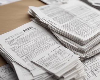 Several documents with text are visible, placed in a stack with clear plastic packaging around them. The focus is on a receipt or invoice featuring printed and handwritten text.