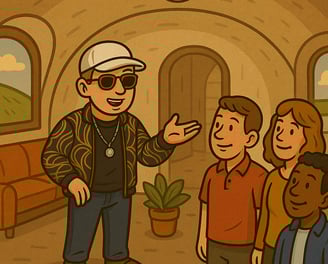 Hustensaft Jüngling erklärt einer Gruppe interessierter Besucher das Innere eines modernen Erdhauses mit natürlicher Ausstatt